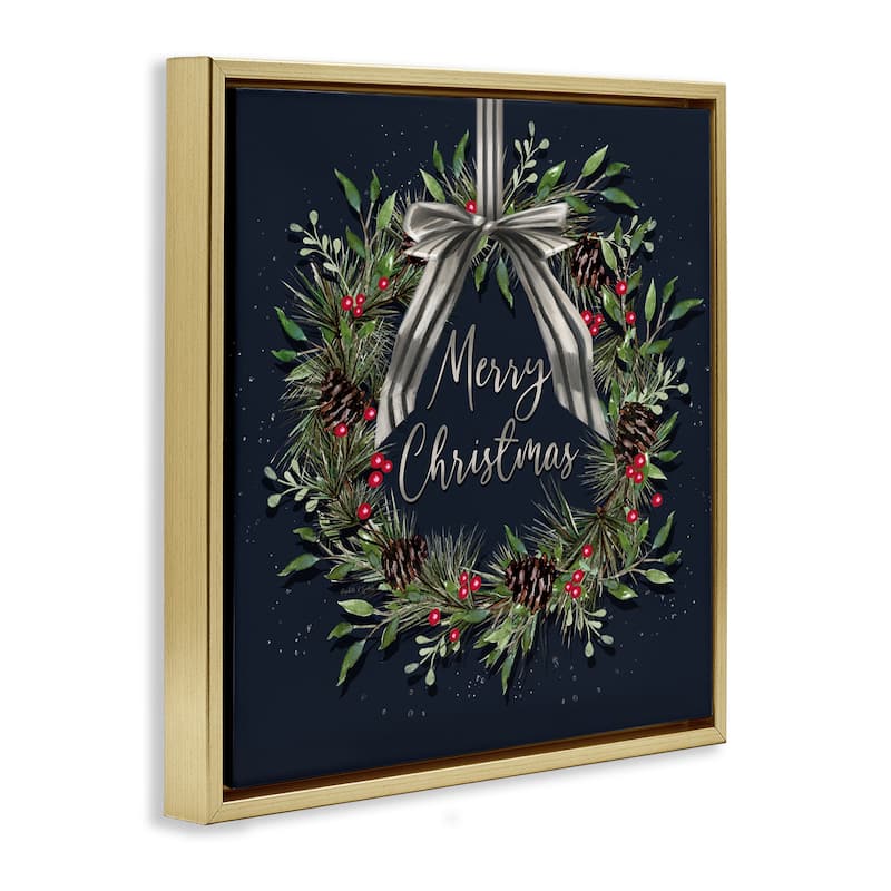 Stupell Hanging Christmas Wreath with Bow Framed Floater Canvas Wall Art Design By Elizabeth Tyndall