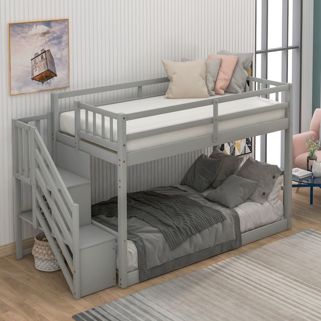 Twin Over Twin Floor Bunk Bed with Storage Stairs, Solid Pinewood Bunkbeds w/Safety Guardrails, No Box Spring Needed, Noise Free