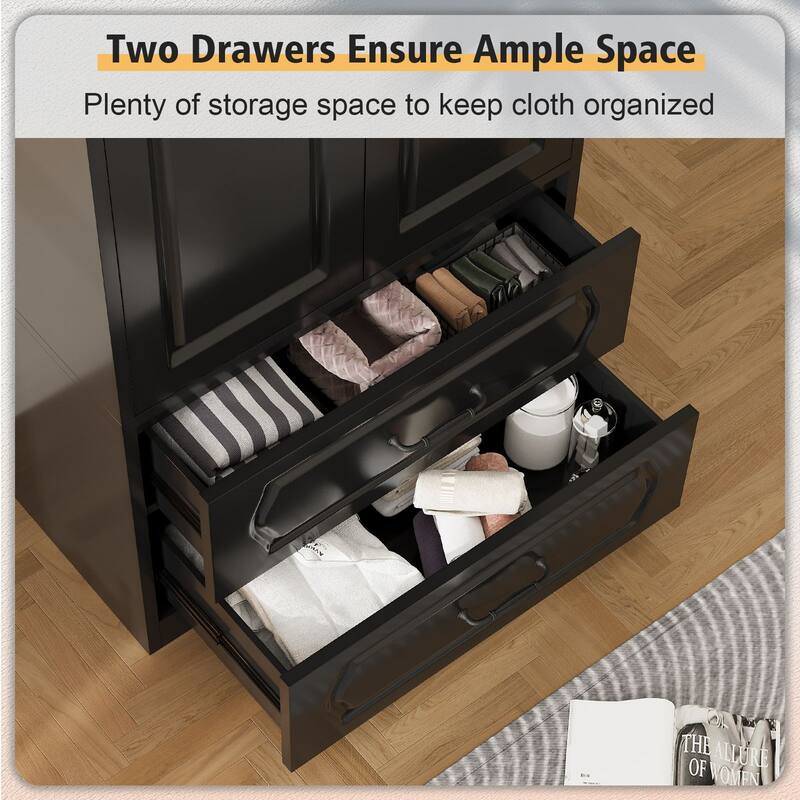 69" Wooden Armoire Wardrobe Closet with Drawers, Modern Bedroom Storage Cabinet with Hanging Rod