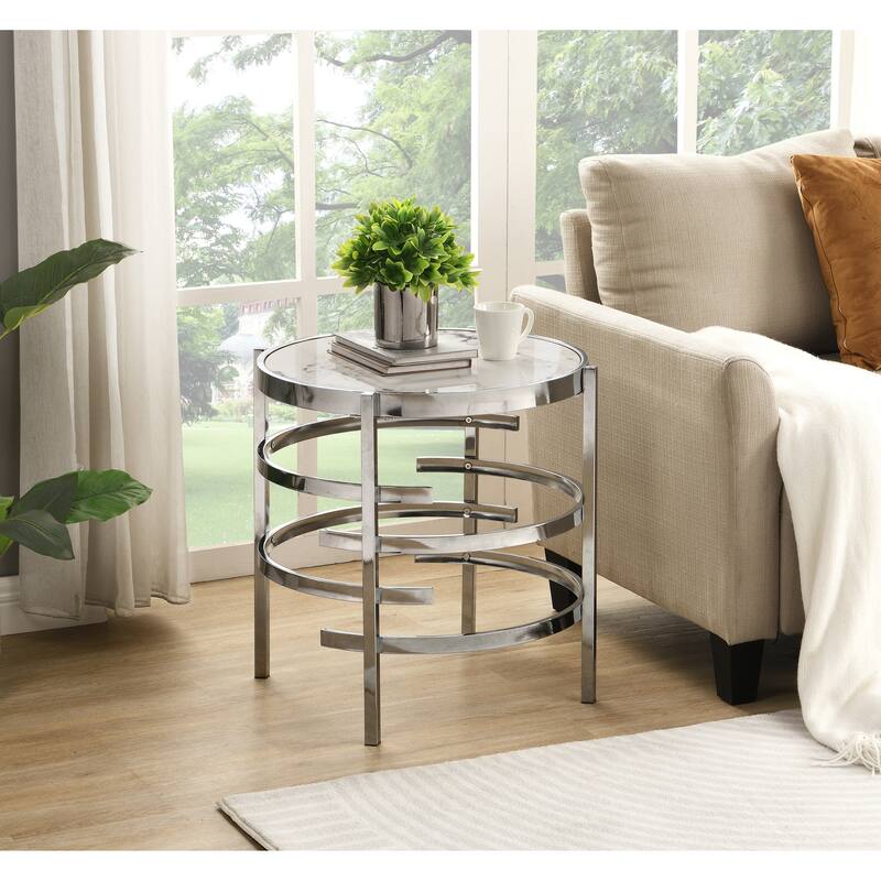 Modern Round End Table with Sintered Stone Top, Chrome/ Silver End Table for Living Room 20.67''W x 20.67''D x 21.65''H - Silver