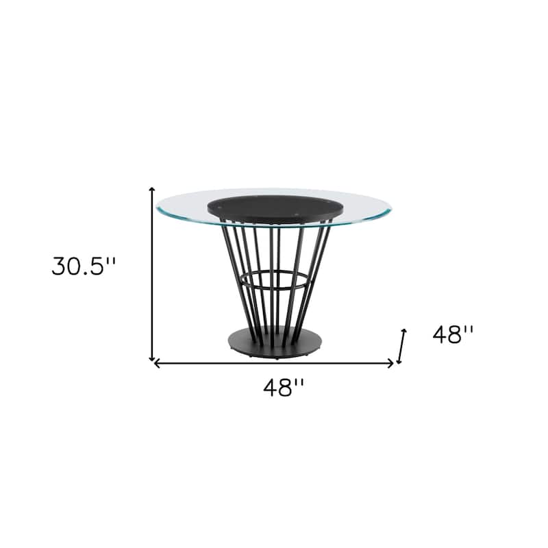 48" Clear And Black Glass And Iron Pedestal Base Round Top Dining Table