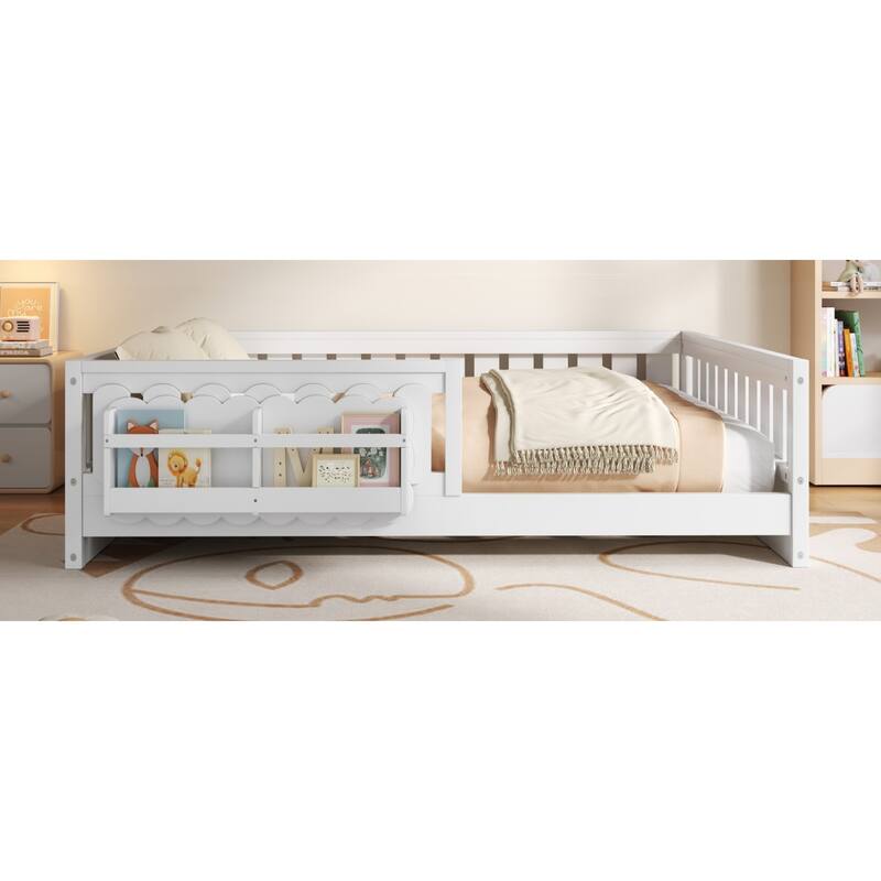 Roomfitters Full Size Wood Platform Bed with Guardrail and 2 Bookshelves