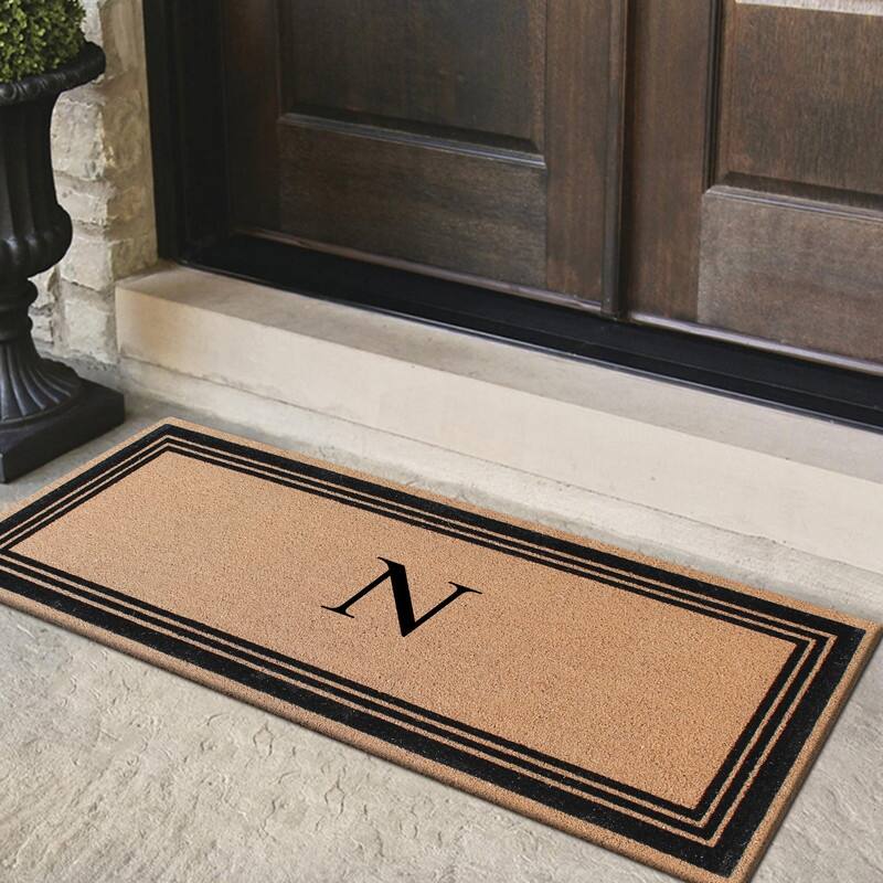 A1HC Natural Coir Monogrammed Flock Anti shed Treated Durable Doormat BlackBeige