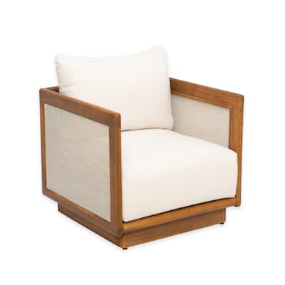 Roomfitters Outdoor Acacia Wood Club Chair with Cushion and Rope Backrest, Patio Lounge Seating, Beige