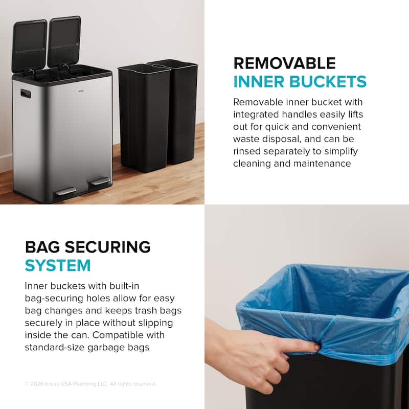 KRAUS WasteGuard 15.8 G 60 L Dual Compartment Pedal Kitchen Trash Can