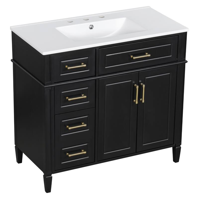 36 Inch Single Sink Bathroom Vanity Cabinet with 4 Drawers, Vanity Base & Ceramic Basin Set