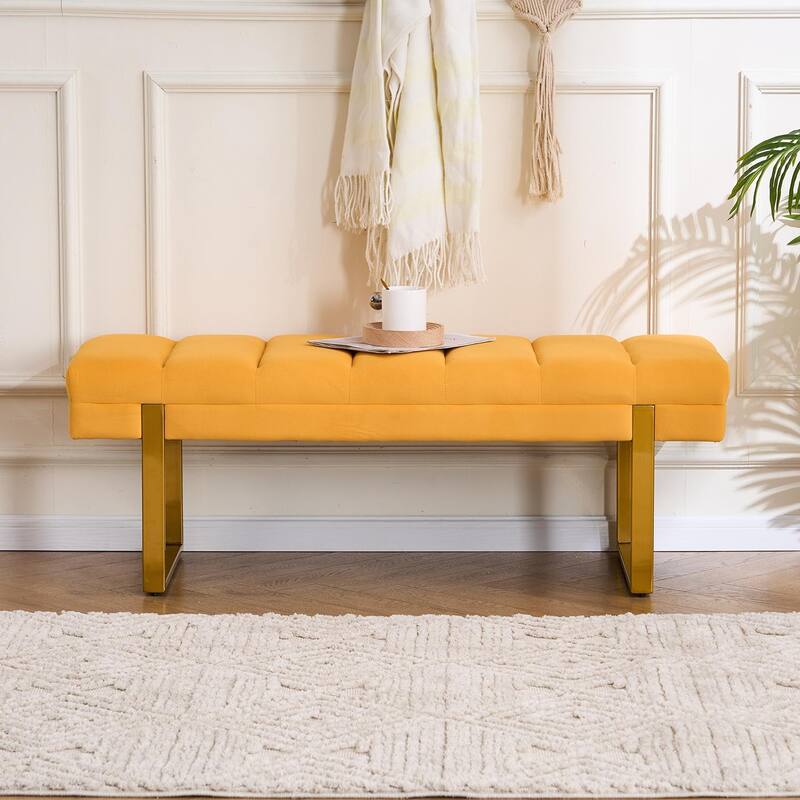 Upholstered Bedroom Bench Tufted Entryway Bench Modern End of Bed Bench Dining Bench with Gold/Black Metal Legs for Window - 46.5" Wide - Mustard