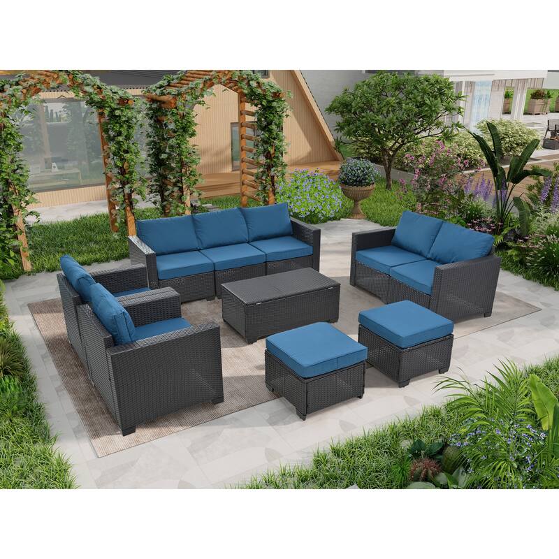 10-Piece Outdoor Rattan Sectional Sofa Set with Storage Table & Cushions - Blue