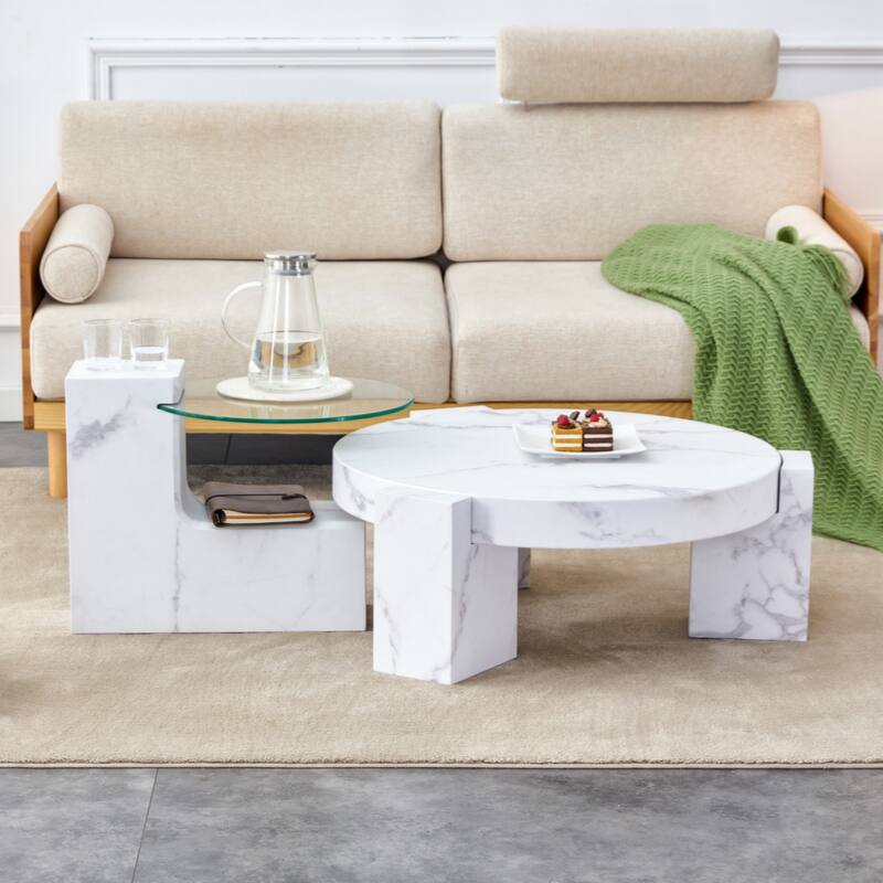 A modern, fashionable, and durable marble textured MDF coffee table with a side table - White