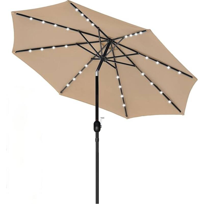 9 ft. Steel Market Outdoor Patio Umbrella with Solar 32 Lighted, Outdoor Umbrella with Push Button Tilt/Crank in Tan - Tan