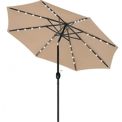 9 ft. Steel Market Outdoor Patio Umbrella with Solar 32 Lighted, Outdoor Umbrella with Push Button Tilt/Crank in Tan