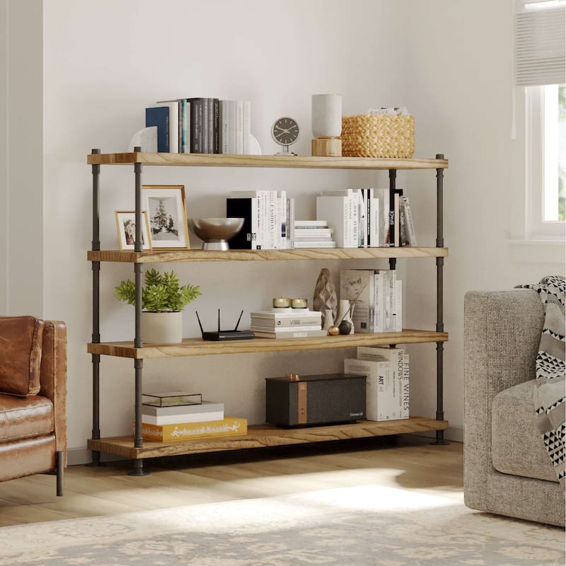 60" Hanging Bookshelf for Living Room Decor, Multi Tier Pipe Shelf Bracket, Real 1.5" Thick & 14" Deep Wood Boards, Farmhouse - 4 Boards - 4 Tier