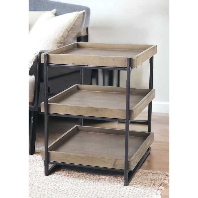 Brown Solid Wood Square End Table with Abstract Metal Base and 2 Shelves - 20” x 20” x 26” (D x W x H)