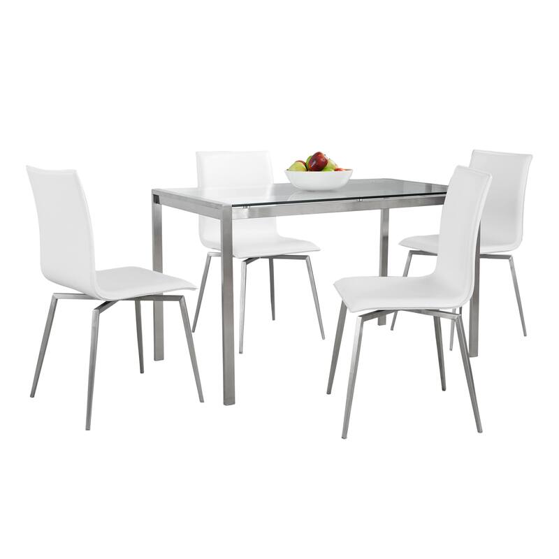 Strick & Bolton Forrest Tyra Upholstered 5-Piece Dining Set with Swivel - White Faux Leather/Clear Glass Top