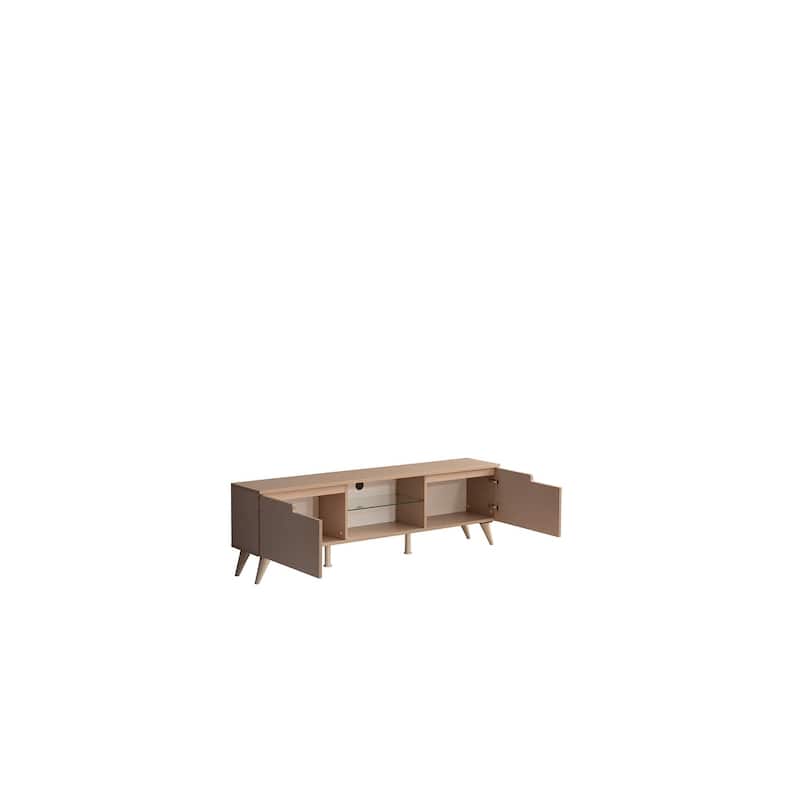 Dannie Modern TV Stand with 2 Doors Storage Cabinets 1 Glass Shelf, Wood Finish, Living Room Entertainment Center