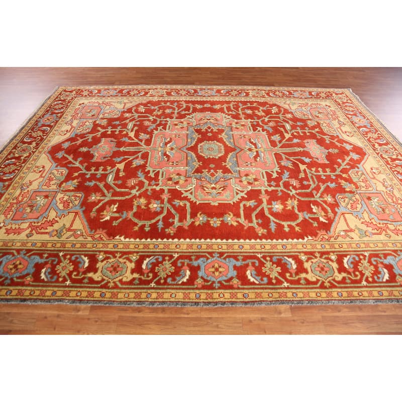 Heriz Serapi Indian Area Rug Handmade Orange Wool Carpet - 8'11" x 11'9"