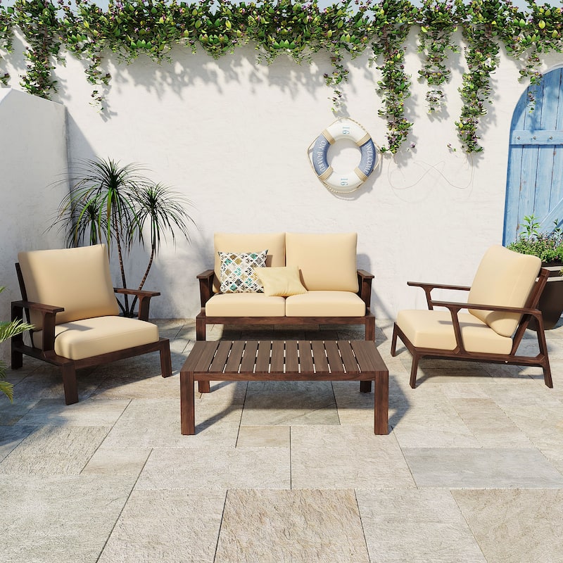Christopher Knight Home-Doris 4 Piece Outdoor Slat Design Acacia Wood Upholstered Seating Set