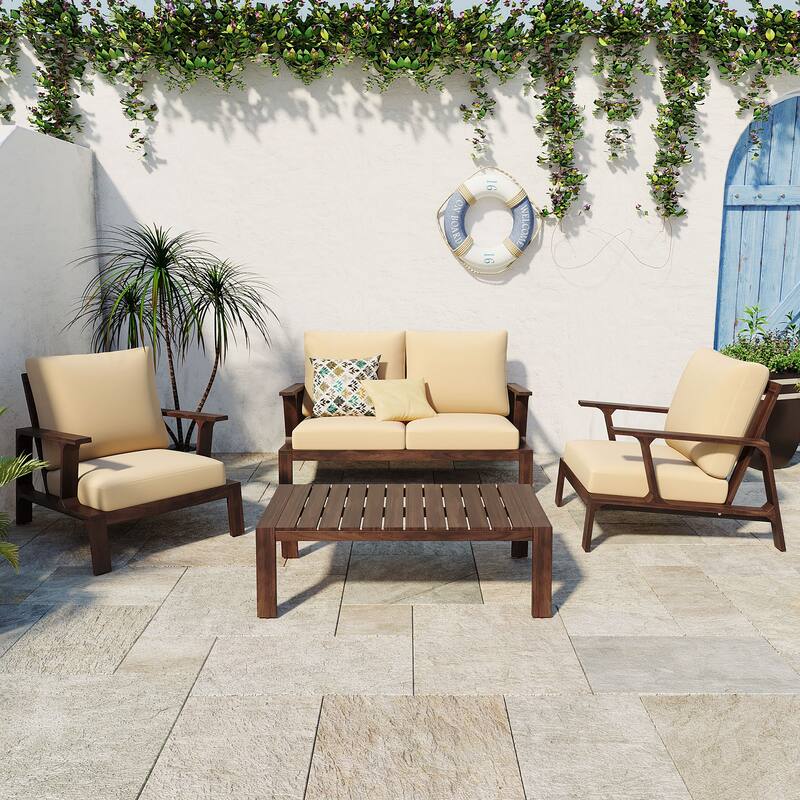 Roomfitters 4 Piece Outdoor Patio Conversation Set with Solid Acacia Wood Frame and Cushions