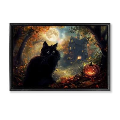 Stupell Black Cat & Haunted Mansion Framed Floater Canvas Wall Art Design By Wumples