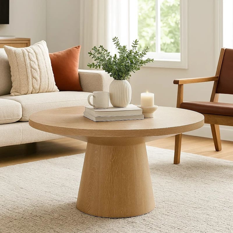 Kily Coffee Table, Pedestal Base, 29 Inch Round Top in Oak Brown