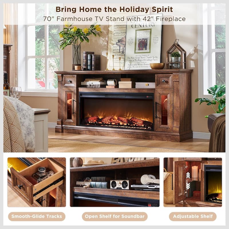 Farmhouse Fireplace TV Stand for 80 Inch TV, Entertainment Center