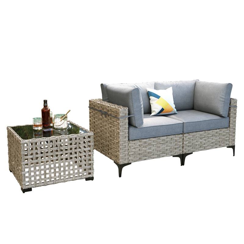 OVIOS 3 Pieces Outdoor Wicker Furniture Set With Solar-Powered Coffee Table