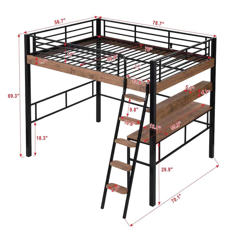 Roomfitters Twin/Full Metal Loft Bed with Built-in Desk, Ladder and Wall-Mounted Storage Shelf, Black