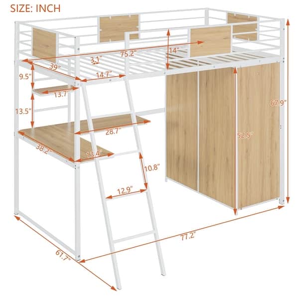 White Twin Metal Wood Loft Bed with L-shape Desk
