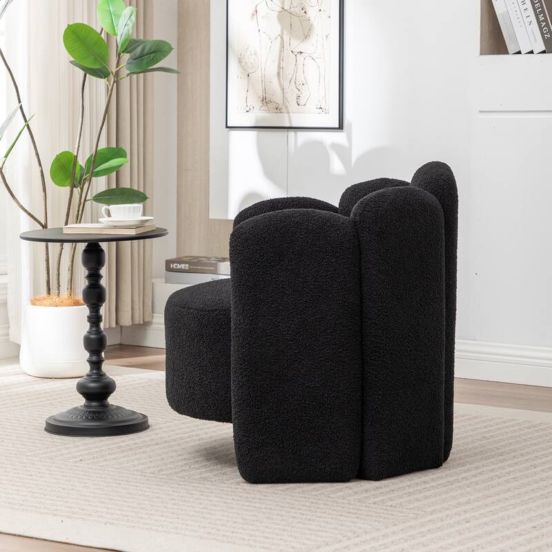 SEYNAR Modern Glam Teddy Fabric Upholstered Round Accent Chair with Flower Shaped Back Design