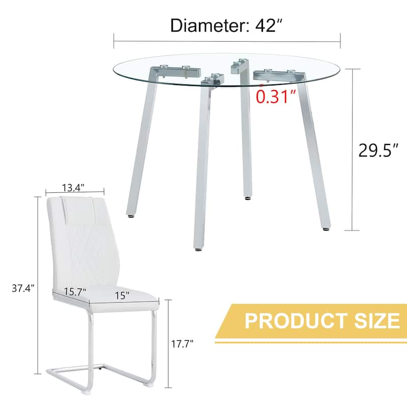 7-Piece Dining Table Set for 6, Round Glass Dining Table Set with 6 Faux Leather Chair for Family Dining Areas