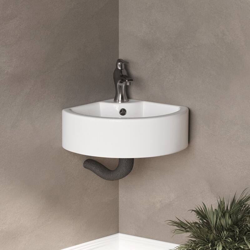 White Ceramic Countertop Corner Vessel Sink MINI HUDSON 17-1/8" with Overflow and Single Faucet Hole Renovators Supply
