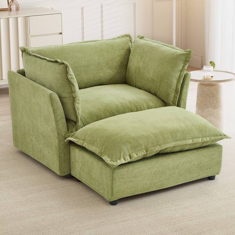 47" Cozy Upholstered Armchair with Movable Ottoman, Wide Seat, Curved Armrests and Soft Pillows - Green