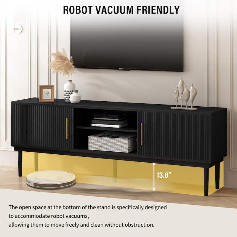 Roomfitters Stylish TV Stand with Vertical Striped Sliding Doors and Solid Wood Legs, Space-Saving TV Console or Side Cabinet