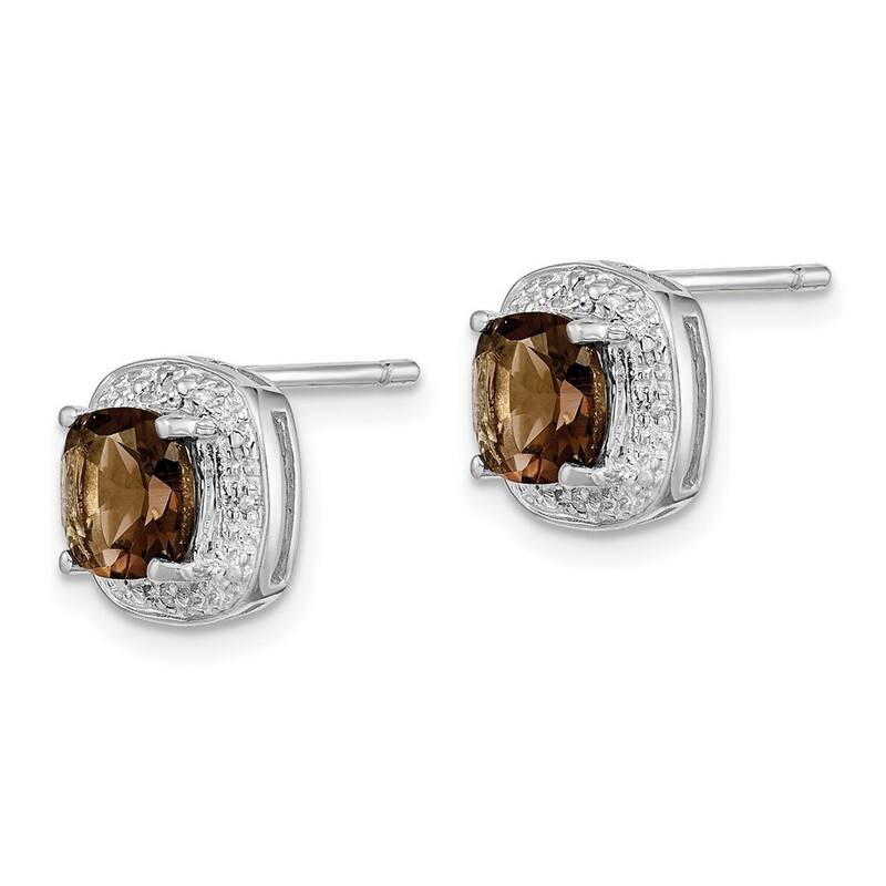 Curata 925 Sterling Silver Polished Rhodium Smokey Quartz and Diamond Post Earrings - 10x10mm Wide