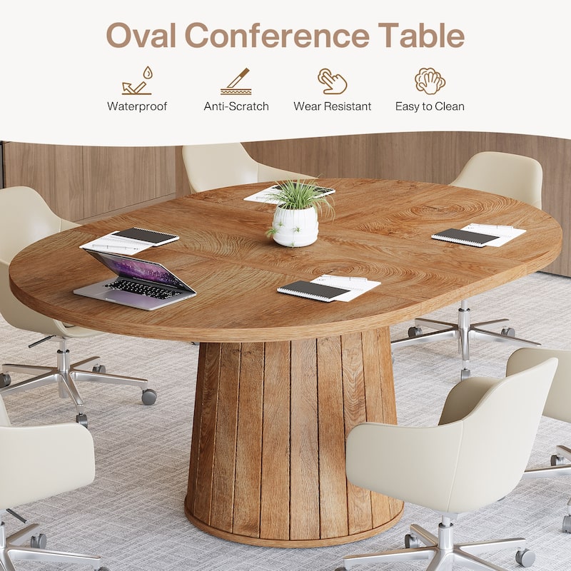 55.11 Inch Brown Wood Oval Conference Table with Wood Base for 6 People