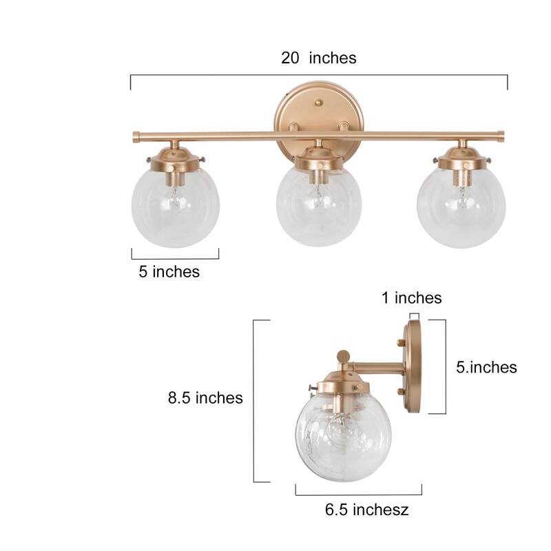 Bela Modern 3-Light Gold Globe Glass Bathroom Vanity Light Dimmable Wall Sconce