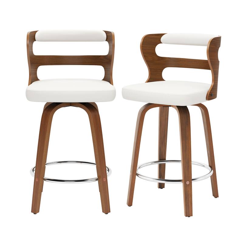 LUE BONA 26" Walnut and Faux Leather Swivel Counter Bar Stools With Backs - 26" H