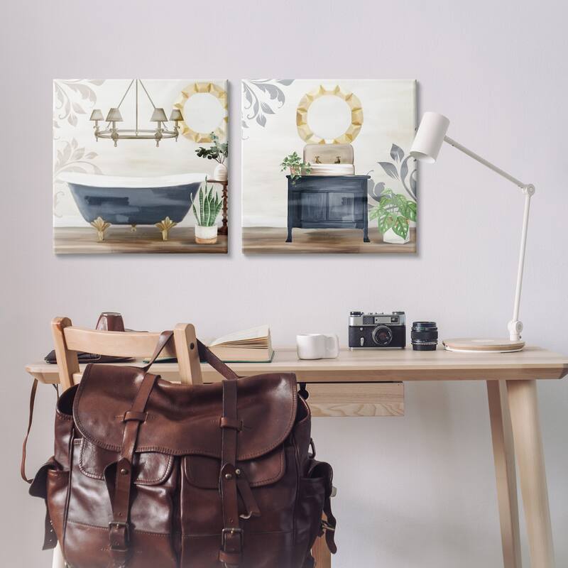 Stupell Chic Bathroom Interior Still Life Bathtub Sink Plants 2pc Multi Piece Canvas Wall Art Set - Blue