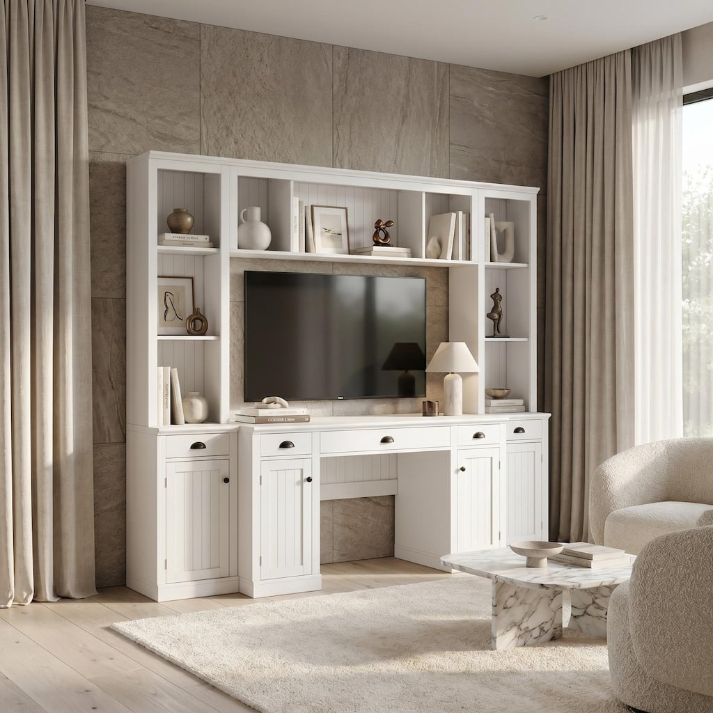 Living Room Entertainment Center with Writing Desk White Wooden Media Console Wall Unit with Hutch, 5 Drawers - 88.5"W