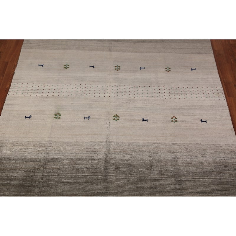 Striped Tribal Gabbeh Oriental Rug Hand-Knotted Beige Wool Carpet - 6'0" x 9'8"