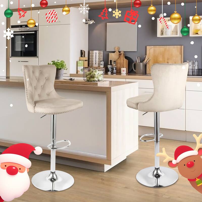 Velvet Swivel Bar Stools,Modern Bar Stools with High Back and Metal Footrest,Adjustable Swivel Barstools (Set of 2)