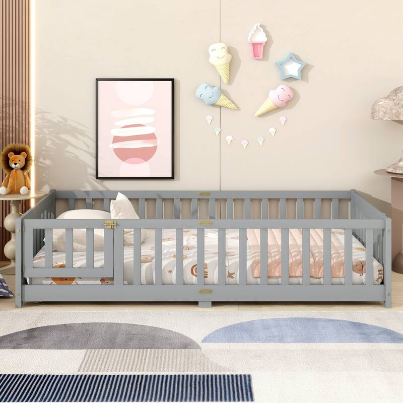 Twin Size Floor Bed with Fence and Door,Rubber Wood Floor Bed with Safety Guardrails