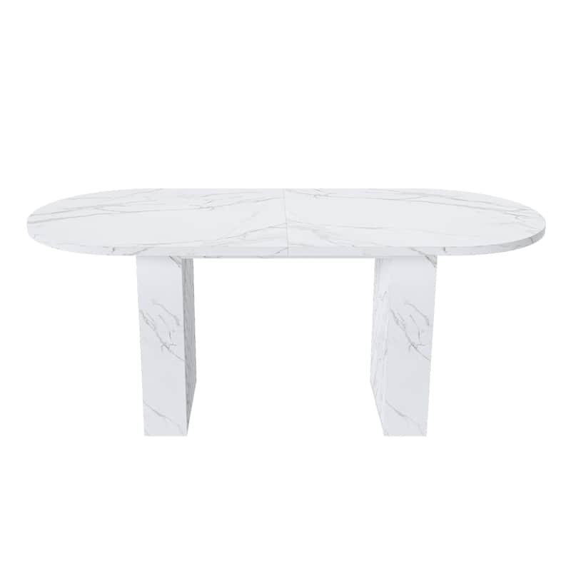 62.9 Inch Oval Dining Table for 6, Marble Top Kitchen Table with Wood Strip Base, Modern Farmhouse Dining Room Table