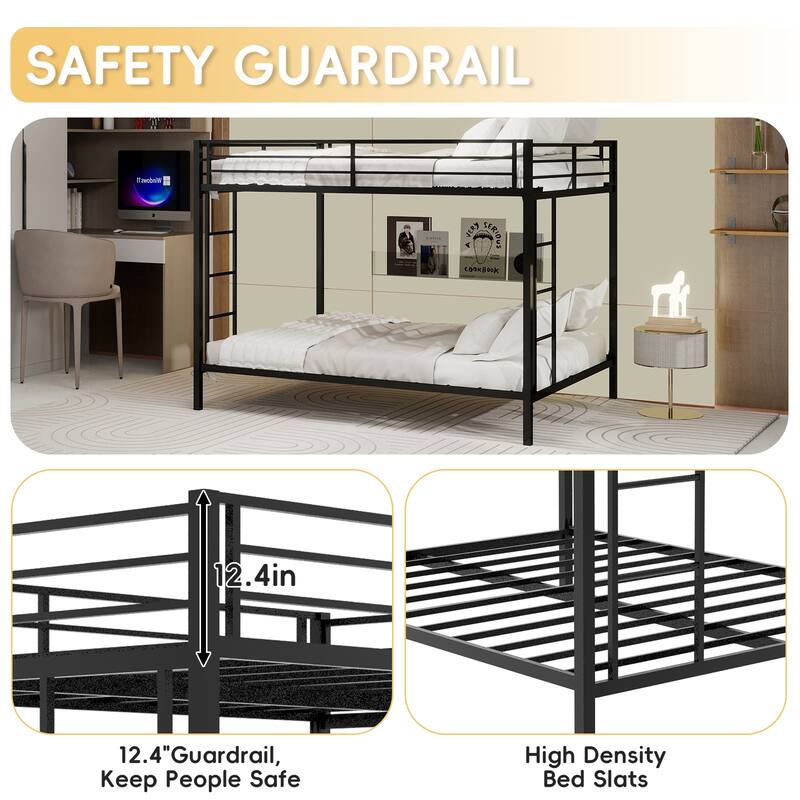 Full/Queen Metal Bunk Bed with Heavy-Duty Square Tube Frame, Dual Sleeping Areas, Space-Saving Design for Shared Rooms
