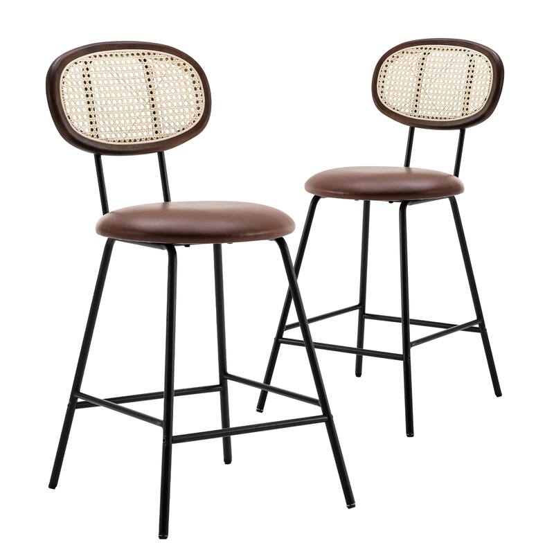 Counter Stools Set of 4, Metal Counter Height Barstools for Home, Faux Leather Counter Stool with Rattan Backrest