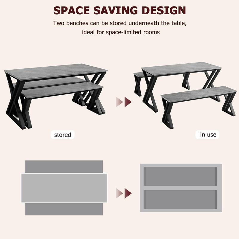 Kitchen Table Set , with X Metal Frame and Benches