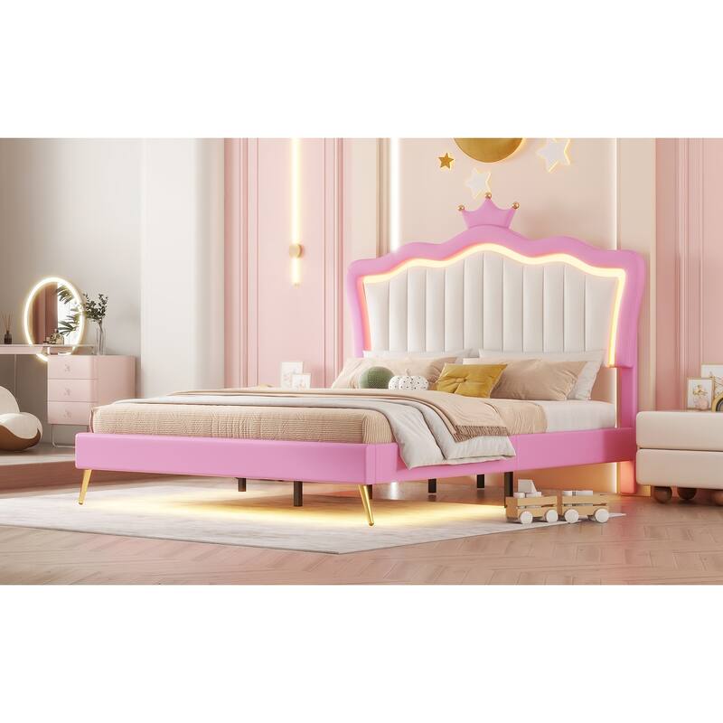 Full Size Upholstered Princess Bed with LED Lights and Crown Headboard, Pink and White