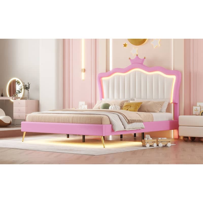 Modern Upholstered Princess Platform Bed with LED Lights and Crown Headboard