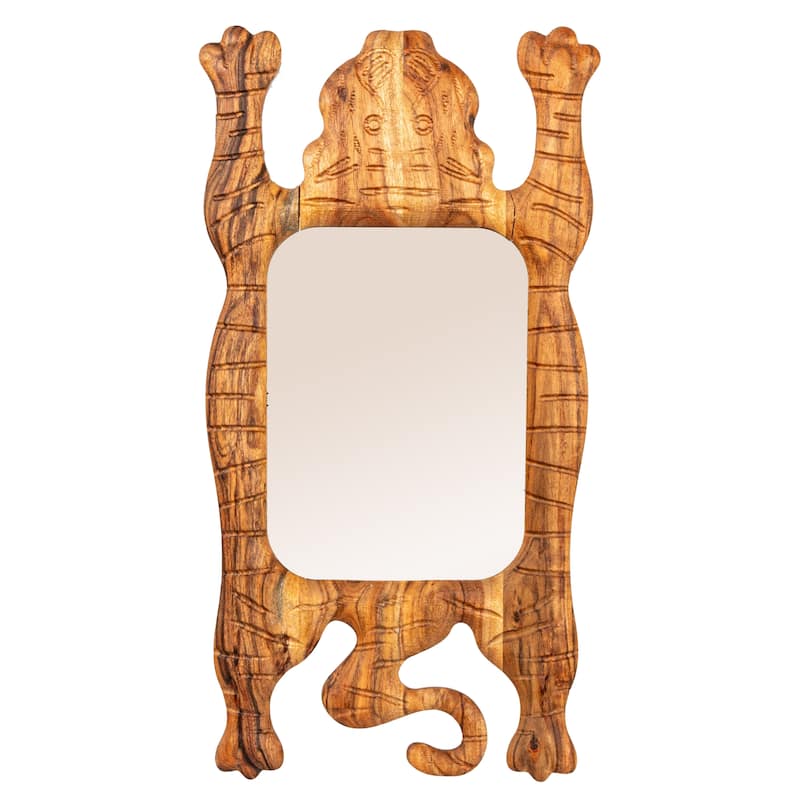 Carved Acacia Wood Framed Tibetan Tiger Shaped Wall Mirror, Natural - 13.5"L x 1.0"W x 25.5"H
