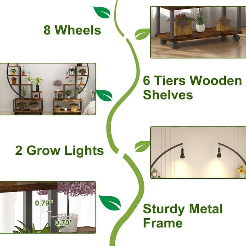 6-Tier Half Moon Plant Stand with Grow Lights and Wheels
